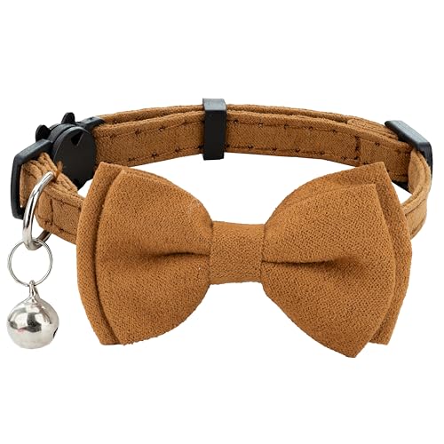 Cat Collar with Bow Tie Bell Breakaway Kitten Small Pet Safety Solid Wedding Basic Pure Color Suede Soft Adjustable [1pc] Khaki - color: [1pc] Khaki