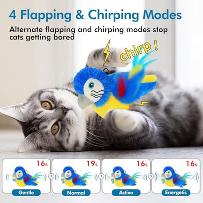 Vannon Cat Toys Flapping Bird(Cannot Fly), Rechargeable Touch Activated Kitten Toy Interactive Cat Exercise Toys with Catnip and Feather for Indoor Cat - Bule - color: Blue
