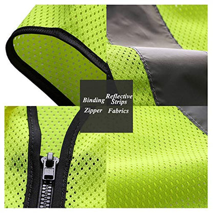 HYCOPROT High Visibility Mesh Safety Reflective Vest with Pockets and Zipper, Meets ANSI/ISEA Standards - color: Yellow, size: Large