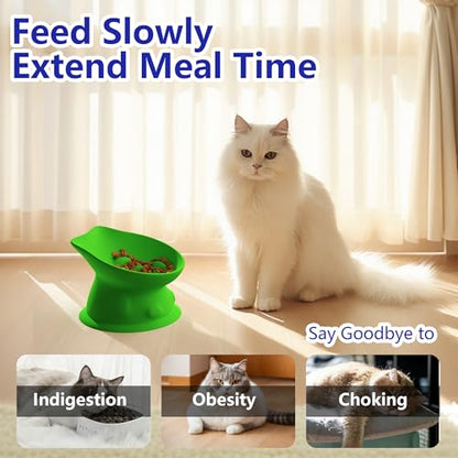 Slow Feed Cat Bowl, Elevated Cat Food Dish with Tilted Design, Dual-Use for Dry and Wet Food, Anti-Vomit, Anti-Choking, Easy to Clean - color: Green, size: Medium