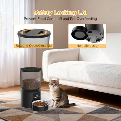 Automatic Cat Feeders, 4L Timed Cat Dry Food Dispenser Auto Pet Feeder for Cats and Small Dogs Dual Power Supply 9 Meals Programmable 1-15 Portion Per Day with Stainless Bowl Easy Clean - color: Black-1