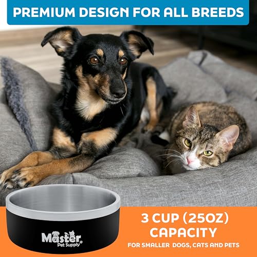 Master Pet Supply Stainless Steel Dog Bowls - 25 oz, Heavy Duty - Black Velvet, Double Wall Extra-Thick Insulated, Non-Slip Pet Water Bowl for Dogs, Cats & Pets, Anti Rust Metal, Dish Washer Safe - color: Black Velvet, size: 3 Cups (25 oz)