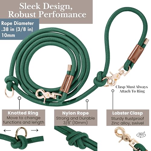 Hands Free Dog Leash, Waist Leash for Dog Walking, Running, Crossbody, Multifunctional, 2 Dogs, Dual Handle, Traditional Lead, Adjustable Lead 4.3ft - 7.5ft, 3/8" (10mm) Diameter. - color: Hunter Green