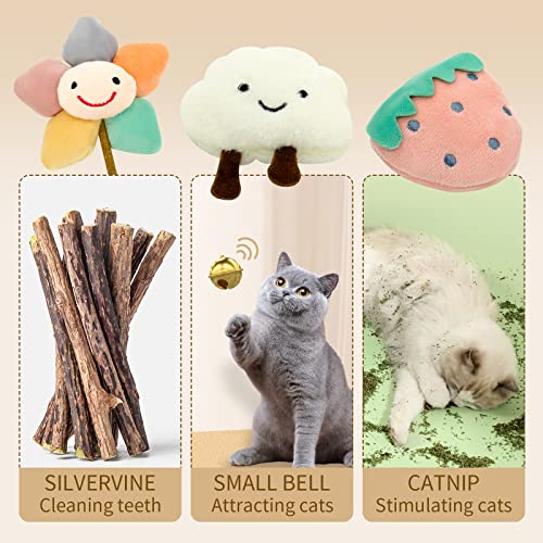 Kitten Chew Toys for Teething with Catnip – 3Pcs Bite Resistant Plush Cat Toys (Strawberry, Cloud Bell, Sunflower Stick) - style: Kitten Chew Toys