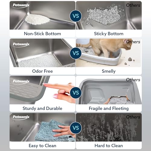 2 Pack XXL All Stainless Steel Litter Box Lid 30L Enclosed 16" Tall Walls Leak Proof Seal NonStick Splash Guard Top Removable Cover System Large Multi Cats Scoop Mat Extra Large Metal Cat Litter Box