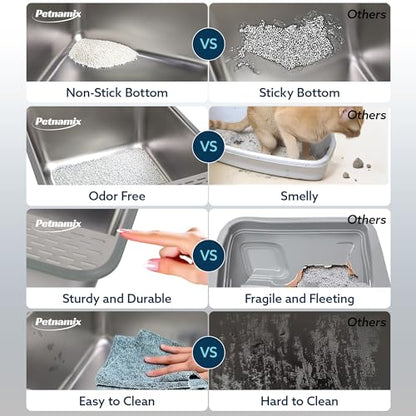 2 Pack XXL All Stainless Steel Litter Box Lid 30L Enclosed 16" Tall Walls Leak Proof Seal NonStick Splash Guard Top Removable Cover System Large Multi Cats Scoop Mat Extra Large Metal Cat Litter Box