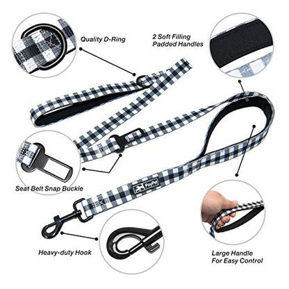 PoyPet 5 Feet Dog Leash - 2 Cushioned Handles - Functional Car Seat Belt (Grid, L) - color: Grid