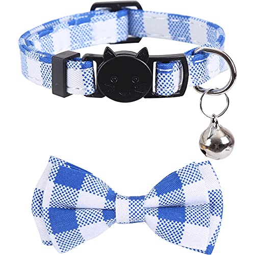 2 Pack/Set Cat Collar Breakaway with Cute Bow Tie and Bell Plaid Flower for Kitty Adjustable Safety - color: Blue