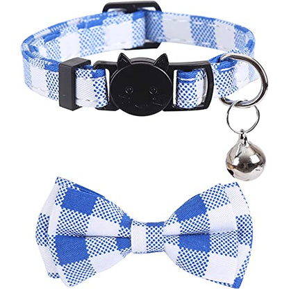 2 Pack/Set Cat Collar Breakaway with Cute Bow Tie and Bell Plaid Flower for Kitty Adjustable Safety - color: Blue