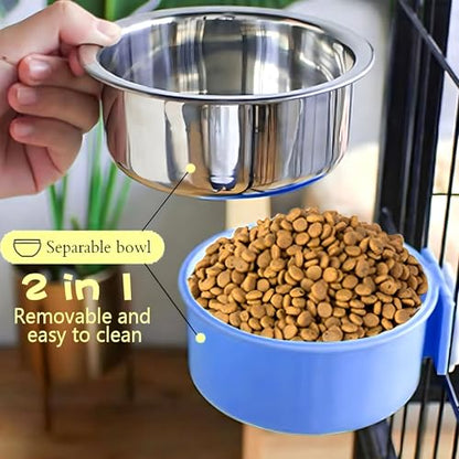 Hamiledyi 2-Pack Hanging Dog Bowls with Removable Stainless Steel Feeder - Spill-Proof Crate Bowls for Kennel/Cage, Puppy to Medium Dogs, Cats, Rabbits & Guinea Pigs (Durable Pet Food & Water Dishes) - color: B：Dark blue + Yellow