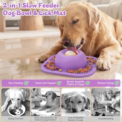 Slow Feeder Dog Bowls & Lick Mat for Liquid and Thick Treat, Anti-Slip Dog Lick Bowl with Interactive Rolling Ball, 5/6 Cup Pup Licking Toy for Large Medium Small Dogs and Cats Purple - color: Purple