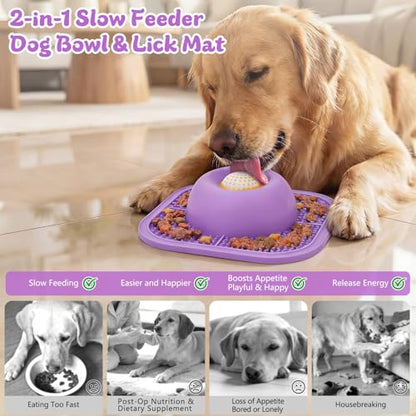 Slow Feeder Dog Bowls & Lick Mat for Liquid and Thick Treat, Anti-Slip Dog Lick Bowl with Interactive Rolling Ball, 5/6 Cup Pup Licking Toy for Large Medium Small Dogs and Cats Purple - color: Purple