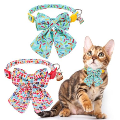 SCENEREAL Birthday Cat Collar with Bell & Stylish Bowtie, Breakaway Cat Collars Accessories for Boy Girl Small Cats, Holiday Kitten Gifts Costumes for Female Male Pets Puppy - color: Stylish Bow (Birthday Theme)