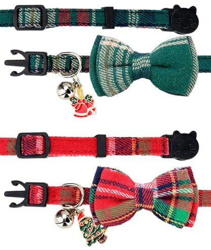 Cat Collar Breakaway Bowtie Safety with Bell Adjustbale Kitten Puppy Solid Plaid Color Set P-[2pcs] Xmas Plaid - color: P-[2pcs] Xmas Plaid