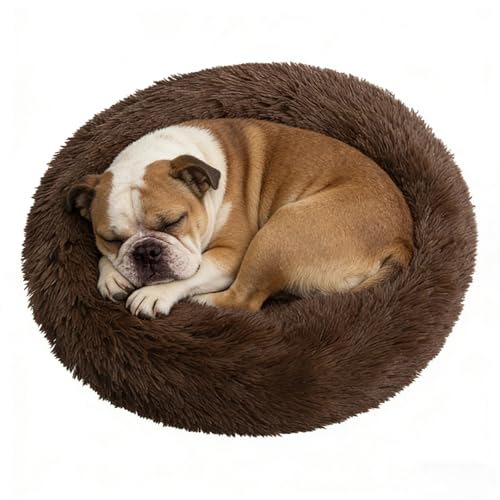 Calming Donut Dog Bed Medium Size Dog - Washable Removable Cover Non-Slip Bottom, Round Pet Bed Cat Bed Warming Fluffy Plush Faux Fur Anti-Anxiety, Fits up to 45 lbs (Coffee, 30") - color: Coffee, size: 30"L x 30"W x 8"Th