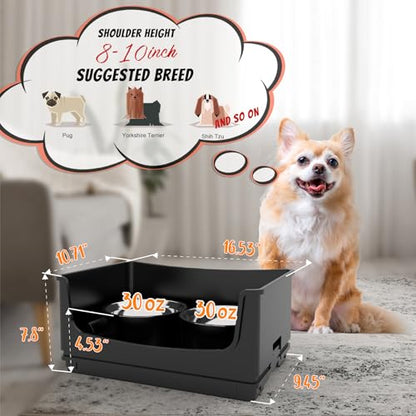 Elevated Dog Bowl Stand Set,Quiet Eating Mess Proof Raised Dog Bowls 2 Stainless Steel Food Bowls,Splash Water Collection Non-Slip Small Cat Feeding Table - color: Black, size: Small