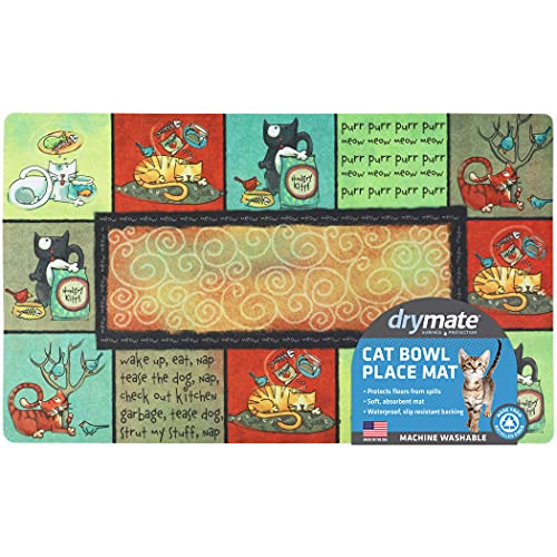 Drymate Cat Bowl Placemat, Pet Food Feeding Mat - Absorbent Fabric, Waterproof Backing, Slip-Resistant - Machine Washable/Durable (USA Made) (12” x 20”) (Kitty Chaos) - color: Kitty Chaos, size: Small (12" x 20")
