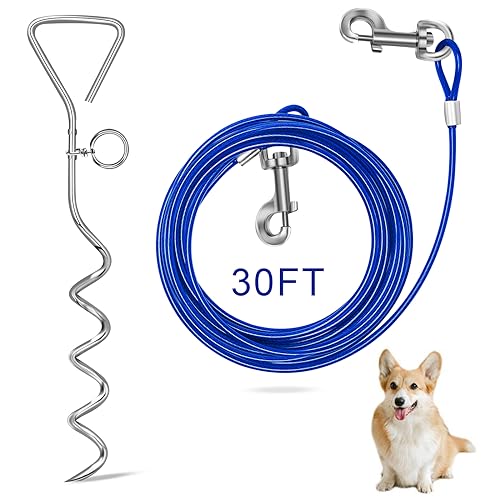 Relux 30FT Outdoor Dog Leash for Yard Training, Running, Hiking, Camping, with Heavy Duty Dog Anchor Spiral Stake for Small to Medium Dogs (Blue) - color: blue-30FT