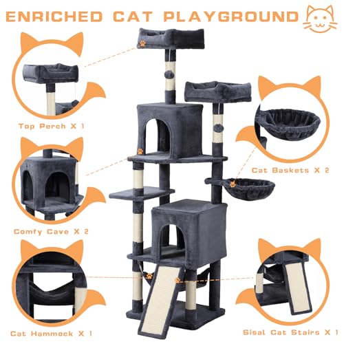Letkind Cat Tree, 70-Inch Cat Tree Tower with Hammock, Scratching Post, Condo and Multi-Level Cat Tower, Large Cat Activity Center Playhouse, Dark Gray LCT015 - color: Deep Grey