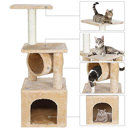 36 Inches Cat Activity Tree Tower Cat House Furniture with Condos Platform Tunnel Scratching Posts for Kittens Multi-Level