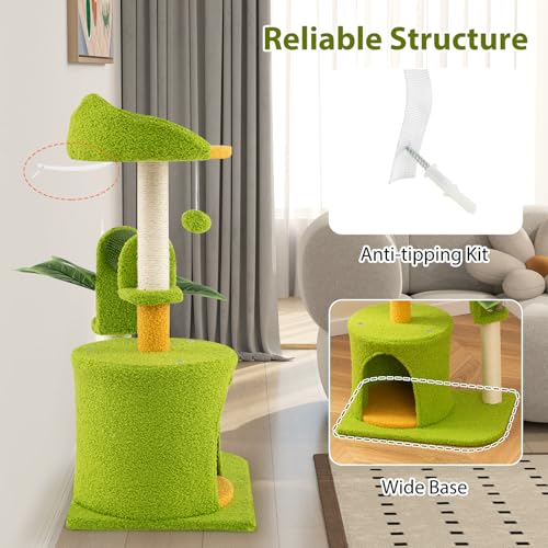 PETSITE Palm Cute Cat Tree, 31 Inches Tall with Sisal Scratching Posts, Condo, Dangling Ball, and Self Groomer, Ideal for Indoor Small & Medium Cats (19 x 13 x 31 inches) - size: 19 x 13 x 31 inches
