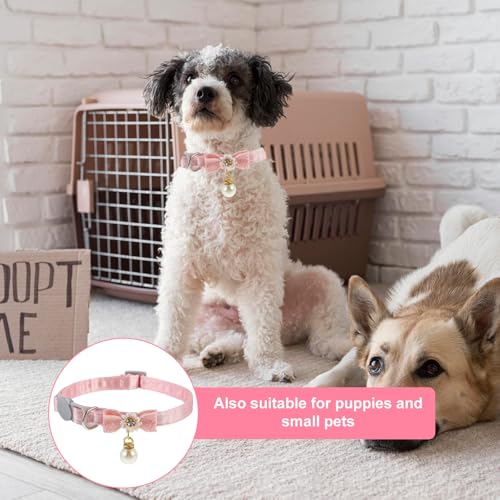JJUNW Cat Collar Breakaway, Cat Collar with Pearl Pendant Quick Release Safe Buckle Pink Bowtie Adjustable Baby Kitten Collars Cute Cat Collar for Girl Cat (Style2)