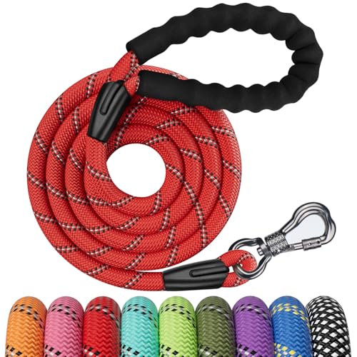 NTR 8FT Heavy Duty Dog Leash, Green Rope with Swivel Lockable Hook and Comfortable Padded Handle, Cat & Puppy Leash for Small to Large Dogs - Training, Playing, Camping, or Backyard - color: Red, size: 8ft*1/2"