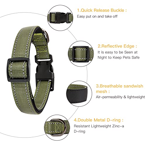 HEELE Dog Collar, Reflective Dog Collar, Soft Neoprene Padded Breathable Nylon Pet Collar Adjustable for Small Dogs, Army Green, S(10.23-14.96") - color: Army Green, size: Small (10.23-14.96")