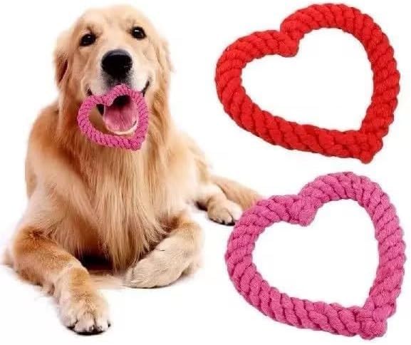 Dog Rope Chew Toy, Heart Shaped Interactive Teething Toy for Puppies, Pink Cotton Dental Tug Toy