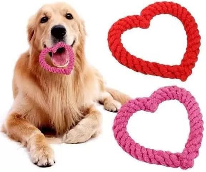 Dog Rope Chew Toy, Heart Shaped Interactive Teething Toy for Puppies, Pink Cotton Dental Tug Toy