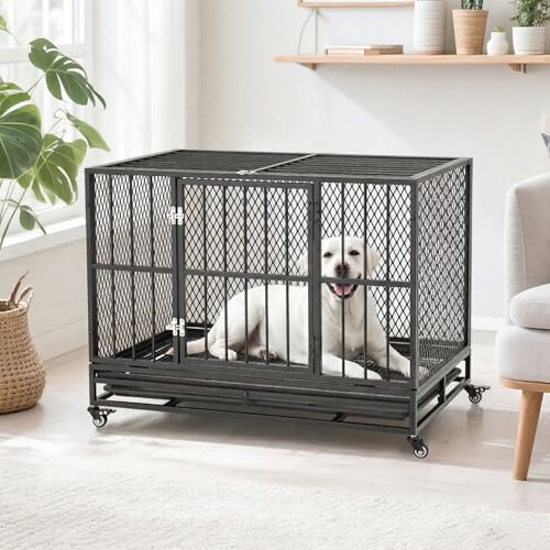 37 Inch Heavy Duty Dog Crate, Folding Dog Kennel for Medium/Small Dogs, Metal Dog Cage with Lockable Wheels, Dual Locks, Removable Tray, Easy Assembly - size: 36.6"L x 23.4"W x 28.3"H