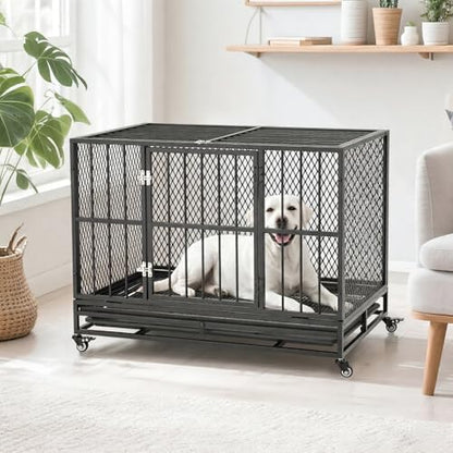 37 Inch Heavy Duty Dog Crate, Folding Dog Kennel for Medium/Small Dogs, Metal Dog Cage with Lockable Wheels, Dual Locks, Removable Tray, Easy Assembly - size: 36.6"L x 23.4"W x 28.3"H