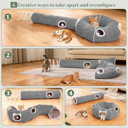 Ownpets 2-in-1 Cat Tunnel, Large Lollipop Shape Cat Tunnel Toy with Fluffy Balls, Spiral Toy, Plush Collapsible Cat Cave Hideout Donut Tunnel for Multi Kitten Puppy Rabbit (Grey) - color: Grey