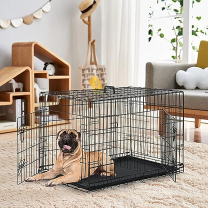 24/7 Shop at Home Gossamer Metal Double Door Folding Wire Pet Crate with Divider, Removable Tray, and Handle for Outdoor and Indoor Medium Dog, 36-inch, Black - size: 36.4"L x 22.6"W x 24.8"H