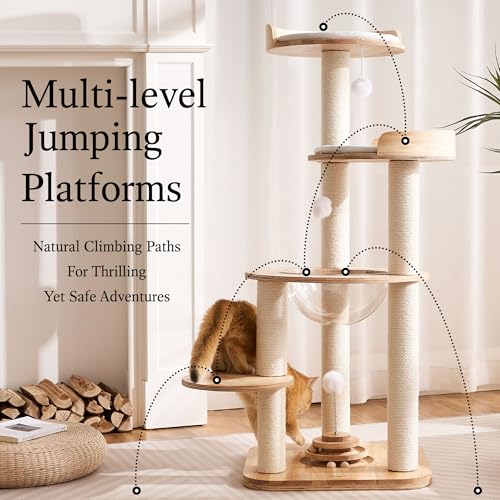 797Audio Modern Solid Wood Cat Tree Tower, 49" Tall Cat Tree with Sisal Scratching Posts and Capsule for Adult Cats, Natural Oak Wooden Cat Tower,Aesthetic Multi-Level Cat Climbing Tree for Indoor Cat - color: 49 Inch-Turntable Toy