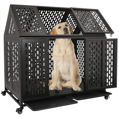 44 inch Heavy Duty Indestructible Dog Crate, Steel Escape Proof Chewproof Impact Double Door Dog Kennel for Large Medim Dogs with Wheels and Trays, High Anxiety Large Dog Cage, XL - size: 43.3"L x 29.7"W x 46.3"H