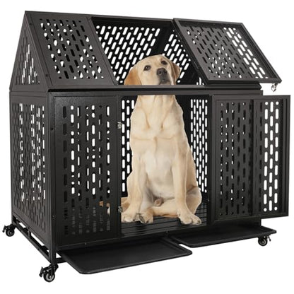 44 inch Heavy Duty Indestructible Dog Crate, Steel Escape Proof Chewproof Impact Double Door Dog Kennel for Large Medim Dogs with Wheels and Trays, High Anxiety Large Dog Cage, XL - size: 43.3"L x 29.7"W x 46.3"H