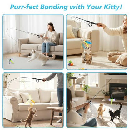 Pawaboo Cat Feather Toys, 4 Pack Interactive Cat Feather Teaser Wand Toys, Retractable Fishing Pole Wand Catcher Exerciser with Refill Fish, Dragonfly Worm with Bells, Blue Yellow Green - color: Bionic Colorful Feather