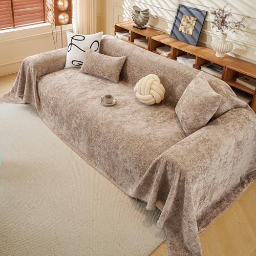 ROOMLIFE Boho Khaki Couch Cover for Dogs, Washable Non Slip Furniture Protector Couch Sofa Covers for 3 Cushion Couch, Soft Chenille Sofa Slipcovers Couch Cover Throw Blanket with Tassels 71''X134'' - color: C#khaki, size: X-Large(71''*134'')