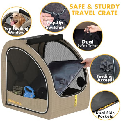 PAWZIDEA Portable Dog Crate for Car, 45% Extra Tall Travel Kennel for Medium & Large Dogs up to 80lbs Sit Upright, Enclosed Soft-Sided Backseat Carrier Collapsible, Secure w/Seatbelt & Headrest Strap - color: Khaki Plaid, Large