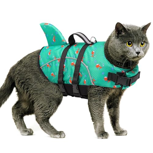 Queenmore Cat Life Vest, Extra Small Dog Shark Life Jacket, XXS Tiny Dog Vest for Swimming and Boating, Lightweight Puppy Swimming Vests for Small Dogs and Cats with Rescue Handle/Leash Hook - color: GreenPrints, size: XX-Small