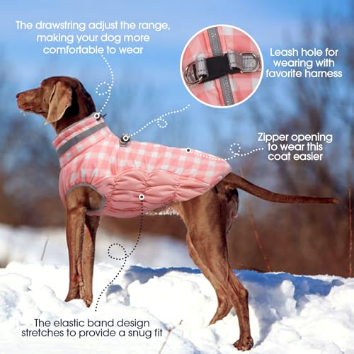 FUAMEY Dog Coat for Small Dogs,Waterproof Dog Winter Jacket with Harness Built in Puppy Cold Weather Coats Reflective Pet Vest with Zipper Warm Fleece Dogs Snowsuit Windproof Pink Plaid XS - color: Pink Plaid, size: XS(chest:14in)