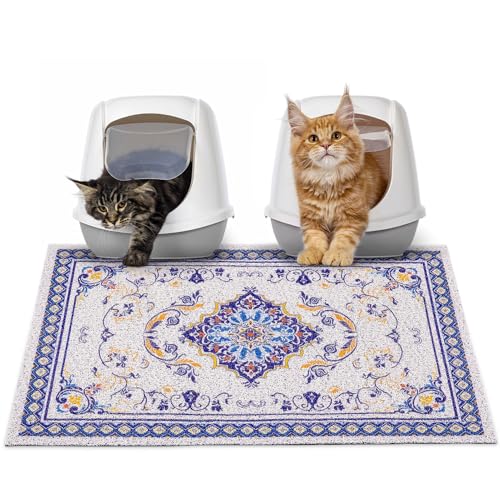 Glittme Cat Litter Mat with Non-Slip Bottom Litter Box Mat 33"X22" Litter Trapping Mat Easy to Clean Washable Cat Food Mat for Kitty,L - color: Blue, size: 33"x22"