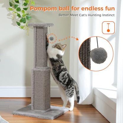 PAWZ Road Large Cat Scratching Post 32” Tall Scratching Post for Indoor Cats Adults Ultimate Scratch Post with Woven Sisal, Large Base and Removable Dangling Ball- Grey - color: Grey