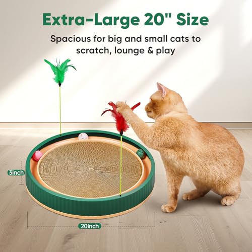 20-Inch Round Cat Scratcher Bed with Ball Track – 3-in-1 Interactive Cardboard Scratching Pad with Feather Toy & Non-Slip Base – Great for Indoor Cats, Active Kittens & Large Breeds (Green) - color: Green