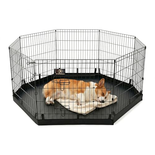 PJYuCien Dog Playpen with Bottom Pad - Metal Foldable Exercise Pen, 8 Panels 30" H x 24" W Indoor Outdoor Pet Fence Puppy Crate Kennel, Black - color: Black, size: Medium Pen: 30-Inch High