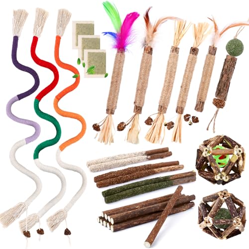 WOUSEDO 27 Pack Catnip Chew Toys for Cats,Cotton Sisal Rope Toys,Cat Natural Silvervine Sticks,for Cat Teeth Cleaning and Dental Care,Interactive Toy for Bored Indoor Cats - size: 27 PACK