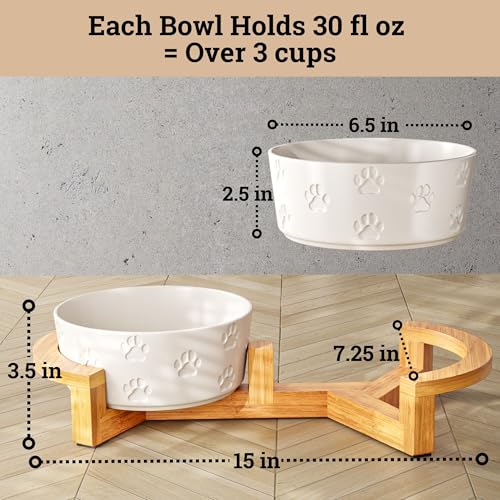 Ceramic Dog Bowls with Stand - Medium Dog Bowl Set with Stand Non-Slip - 2 Ceramic Dishes with Anti-Skid Bamboo Stand for Medium Dogs - Elevated Dog Bowls Set of 2 - Raised Pet Feeding Station - color: White with Stand, size: Medium