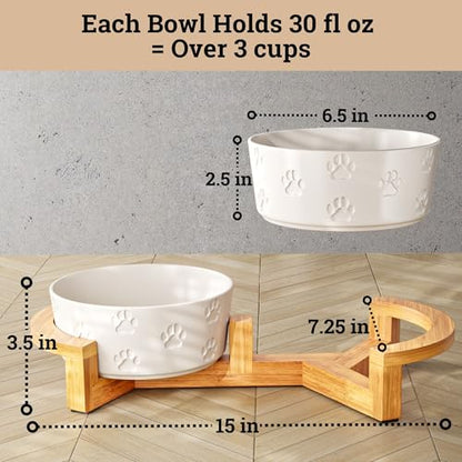 Ceramic Dog Bowls with Stand - Medium Dog Bowl Set with Stand Non-Slip - 2 Ceramic Dishes with Anti-Skid Bamboo Stand for Medium Dogs - Elevated Dog Bowls Set of 2 - Raised Pet Feeding Station - color: White with Stand, size: Medium