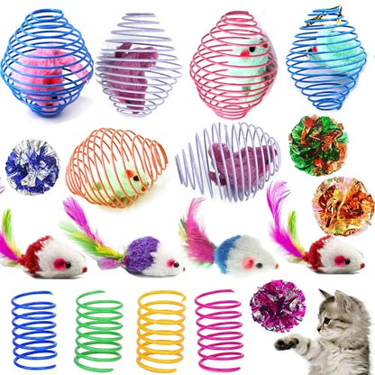 18 Pack Assorted Cat Metal Spring Balls Stretchable Large Cat Spiral Toy Crinkle Balls Interactive Kitten Rolling Coils Spring Inside Caged Rats Pet Supplies Indoor Outdoor Ferrets